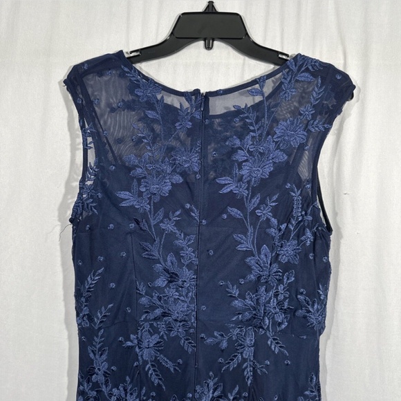 NEW $219 Alex Evenings [ 14 ] Illusion Neck Lace Embroider Godet Gown Navy‎ - Picture 10 of 13